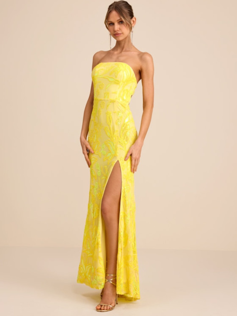 Lulus Shimmering Icon Yellow Sequin Lace-up Strapless Maxi Dress - Size XL